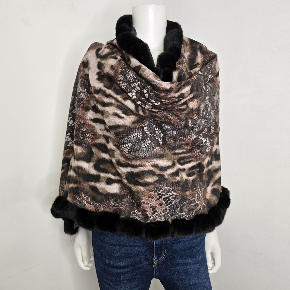 Chicos Fur Trim Animal Lace Printed Scarf Wrap Art to Wear NWT 60" x 28"